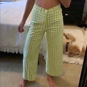 Green and white checkered flare pants